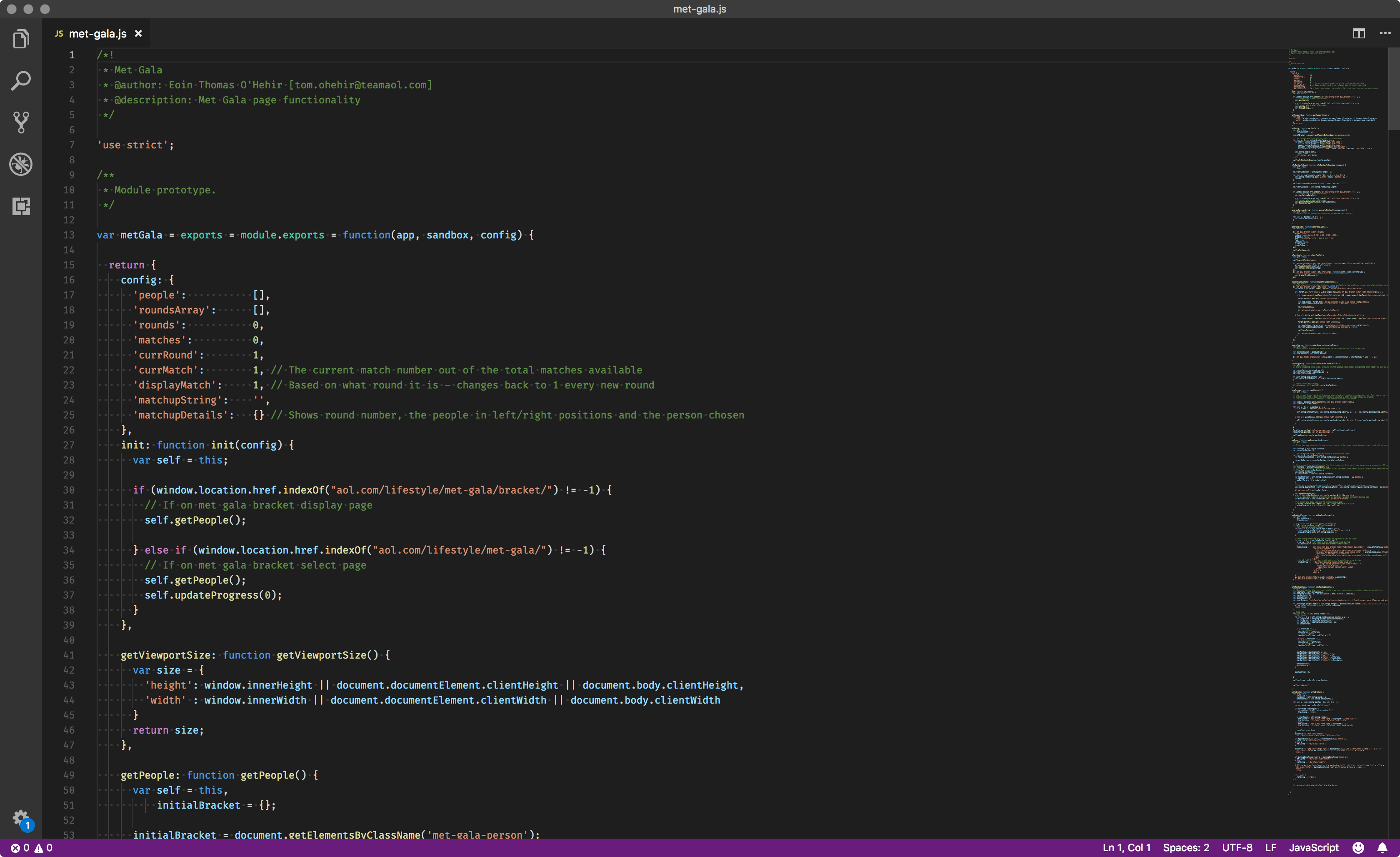 Screenshot of a VSCode window with JavaScript code from met-gala.js