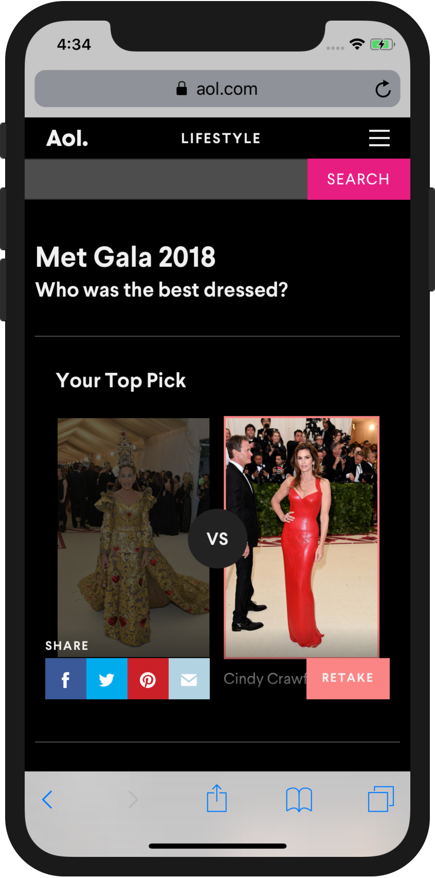 Screenshot of the Met Gala Bracket page on AOL.com, displayed on an iPhone X