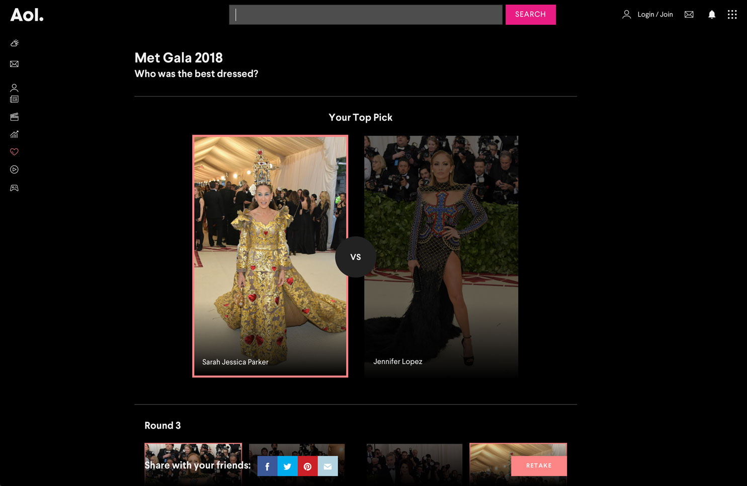 Screenshot of a user’s results from the AOL Met Gala Bracket