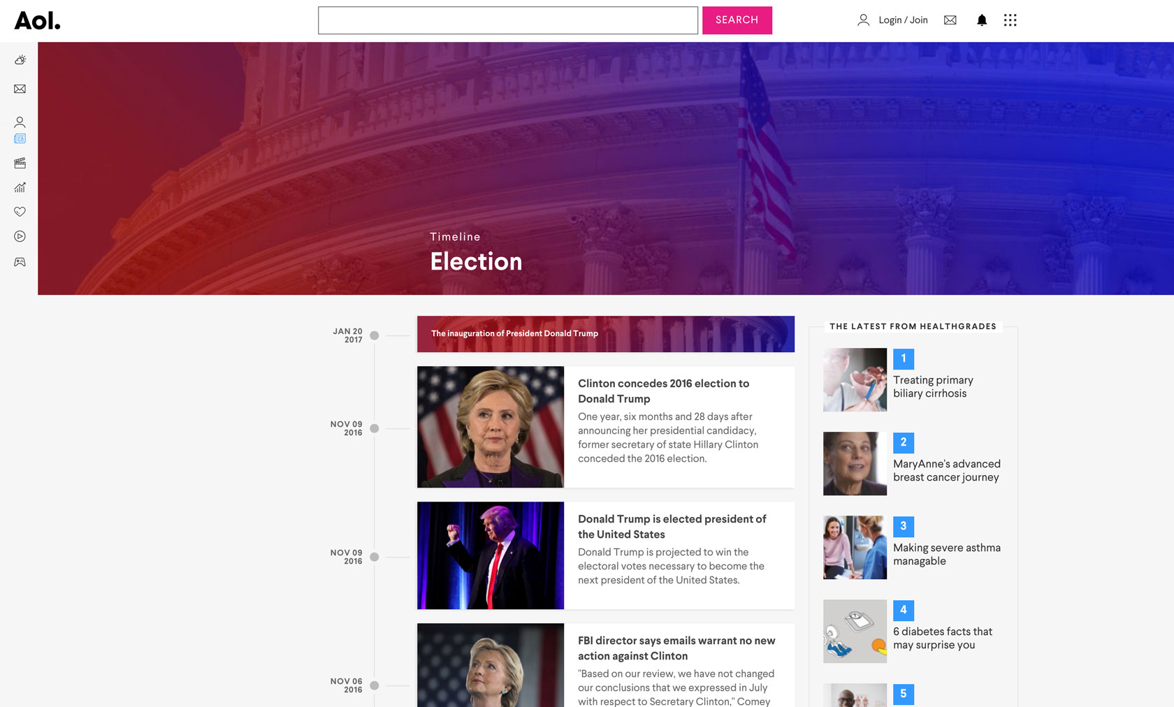 Screenshot of the Election Timeline page on AOL.com on desktop