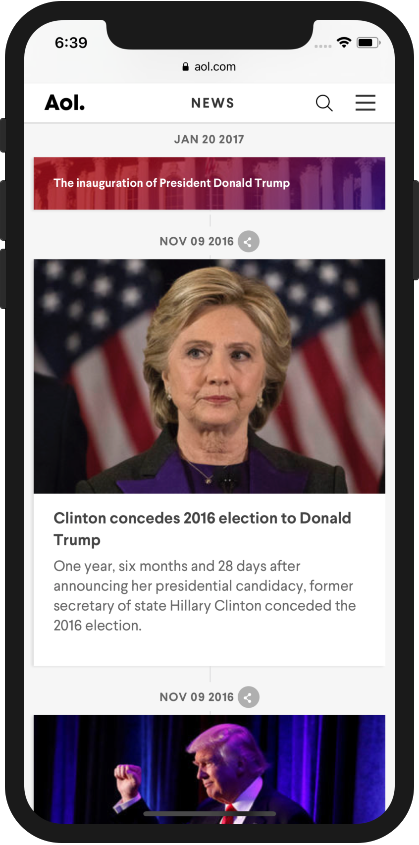 Screenshot of the Election Timeline page on AOL.com, displayed on an iPhone X