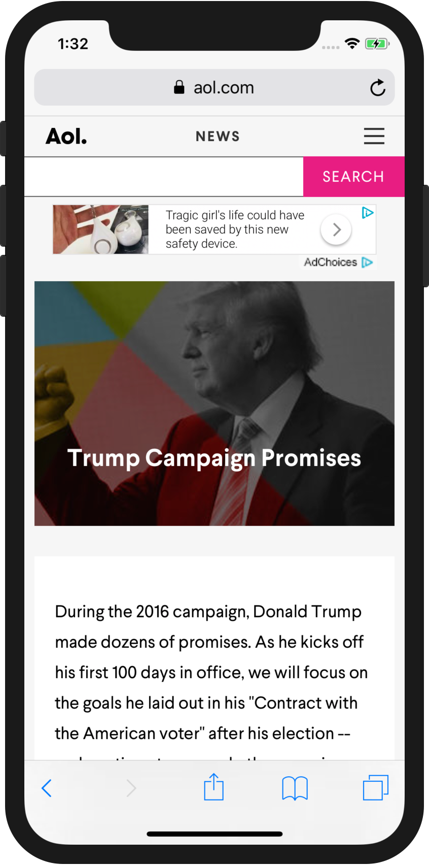 Mobile screenshot of Trump Campaign Promises page, at the top